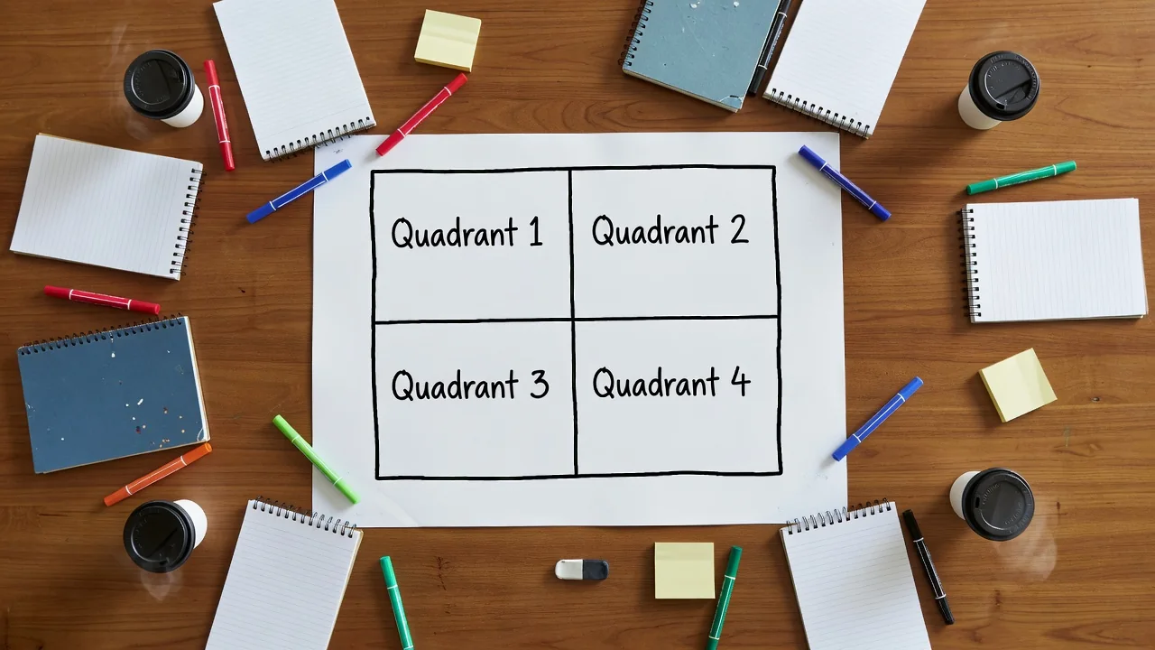 Mesa de trabalho em sessão de planejamento estratégico com matriz SWOT