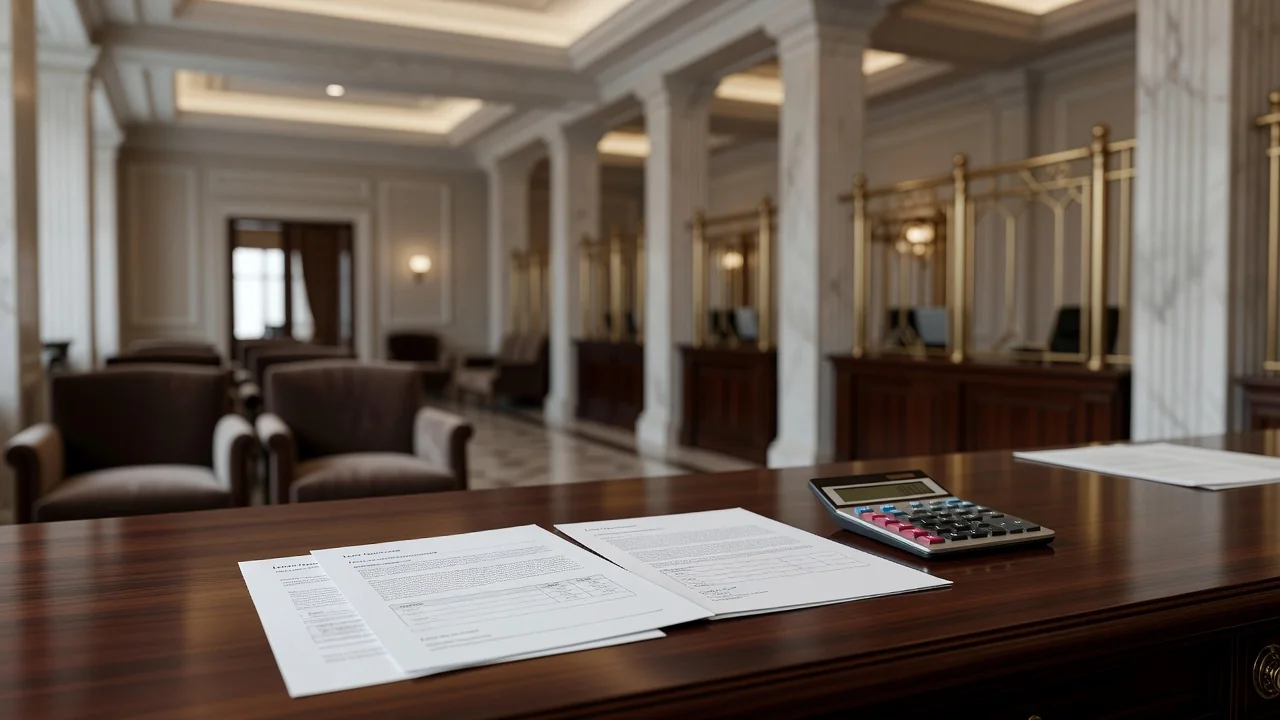 Documentos e calculadora em instituição financeira durante análise de crédito