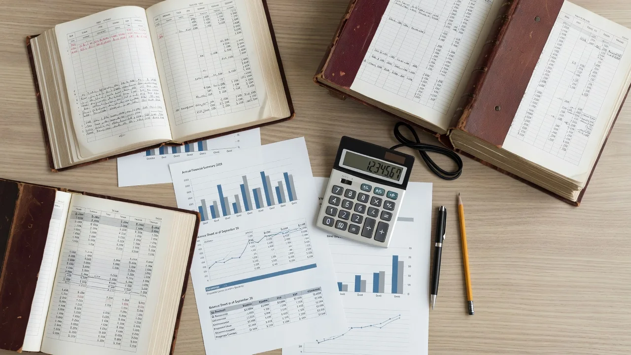 Relatórios contábeis e livros-caixa na mesa de trabalho